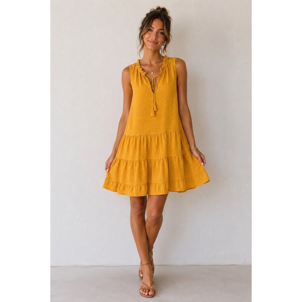 Max Studio Womens Mustard Yellow Tiered Babydoll Mini Dress Sleeveless Tassel L